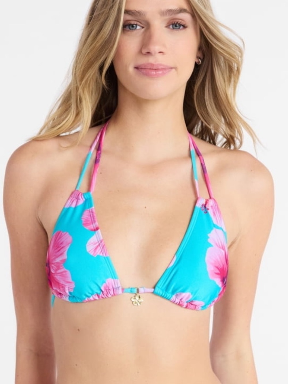 No Boundaries Turquoise and Pink Floral Triangle Bikini Top